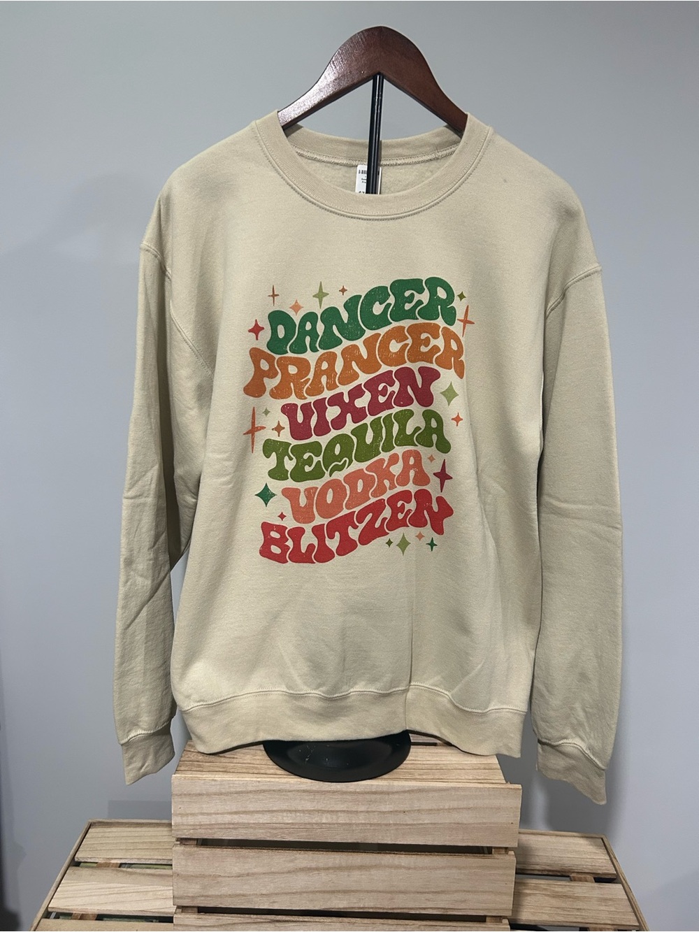 NWOT “Dancer Prancer Vixen Tequila Vodka Blitzen” retro lettering sweatshirt 🦌🍸
